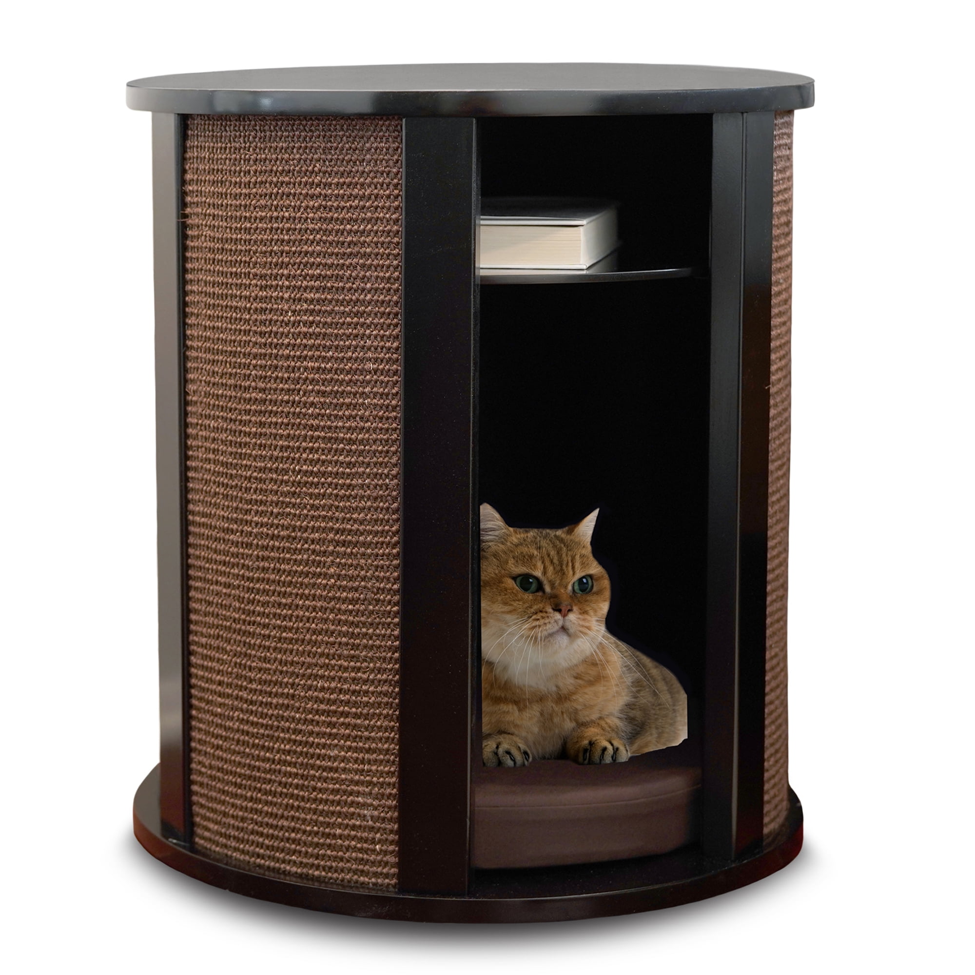 Espresso Wood Round Cat Bed End Table with Scratch Pad