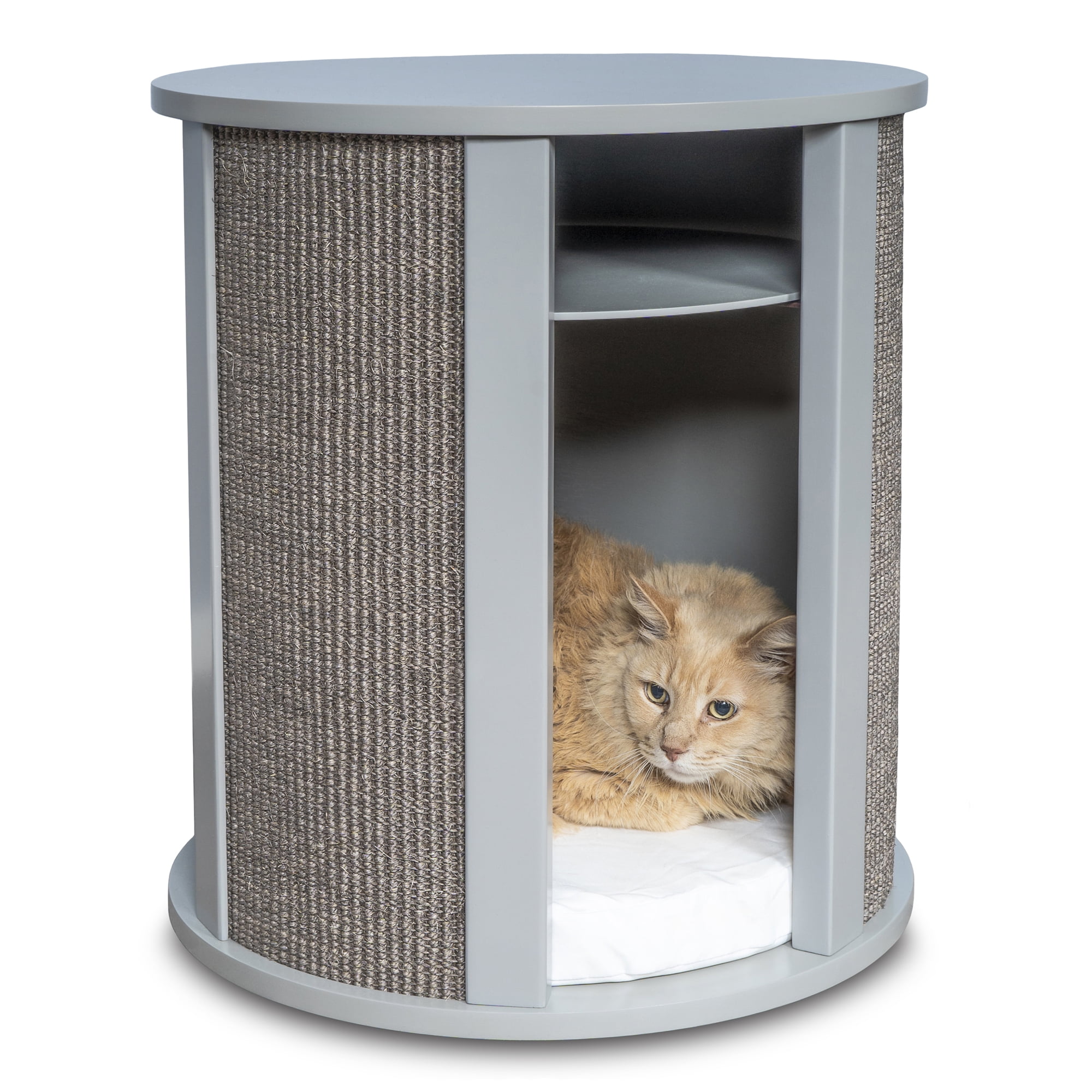 Smoke Gray Sisal Cat Bed End Table with Storage Shelf