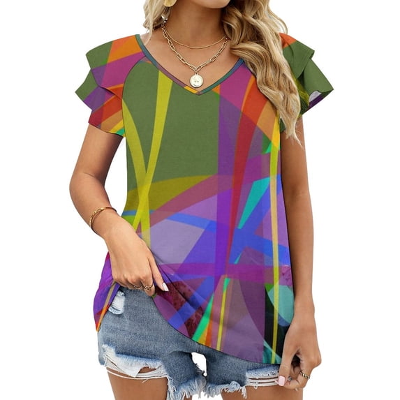 The Remains Of nstructed Delaunay Ruffle Short Sleeve T-Shirt Women'S V Neck Print T Shirt Tops nstruction Geometry