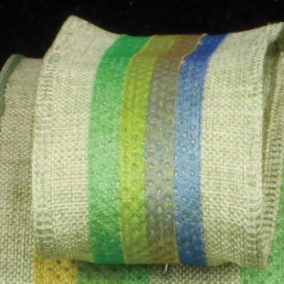 The Ribbon People Beige, Green and Blue Striped Wired Craft Ribbon 1.5" x 40 Yards