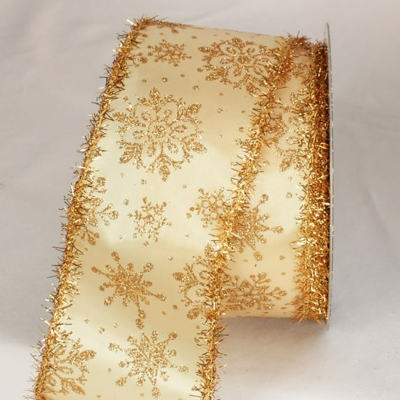 The Ribbon People Beige and Gold Glitter Tinsel Christmas Snowflakes Wired Craft Ribbon 3" x 20