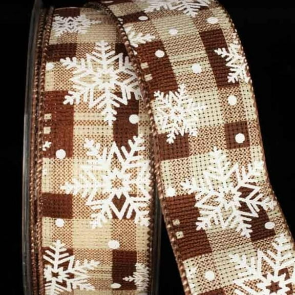 The Ribbon People Beige and White Snowflakes Plaid Pattern Wired Craft Ribbon 1.5" x 40 Yards