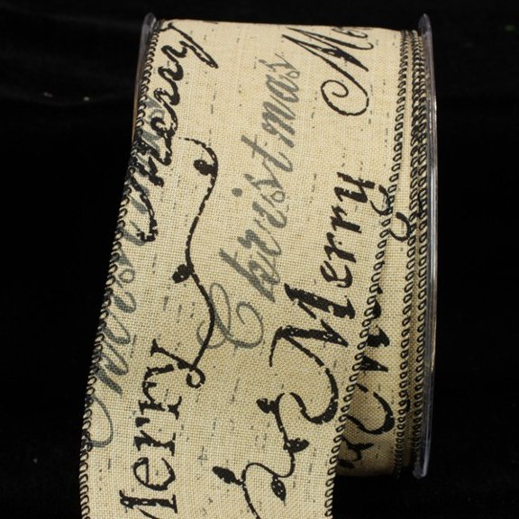 Black and Creamy Ivory Holiday Script Wired Craft Ribbon 2.5" x 40 Yards