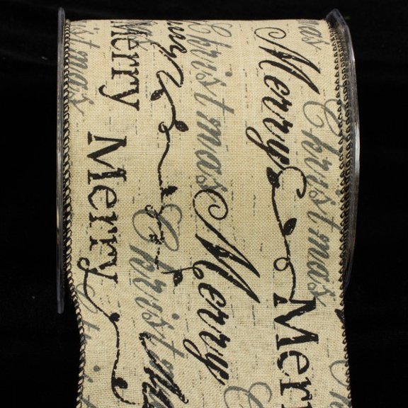 Black and Creamy Ivory Holiday Script Wired Craft Ribbon 4" x 20 Yards