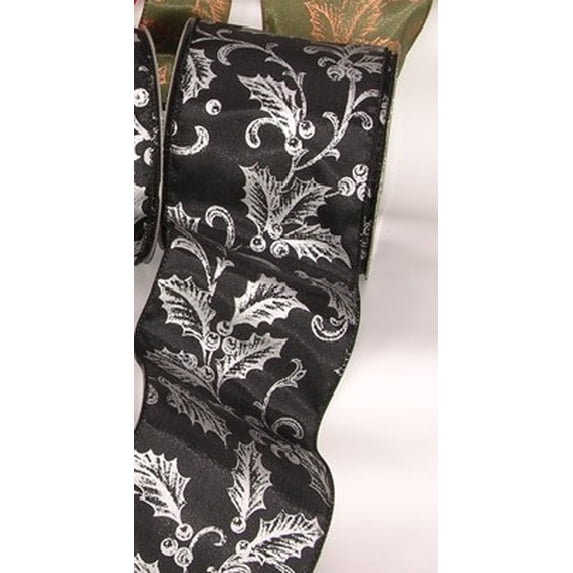 The Ribbon People Black with Silver Poinsettia and Berry Print Wired Craft Ribbon 2" x 40 Yards