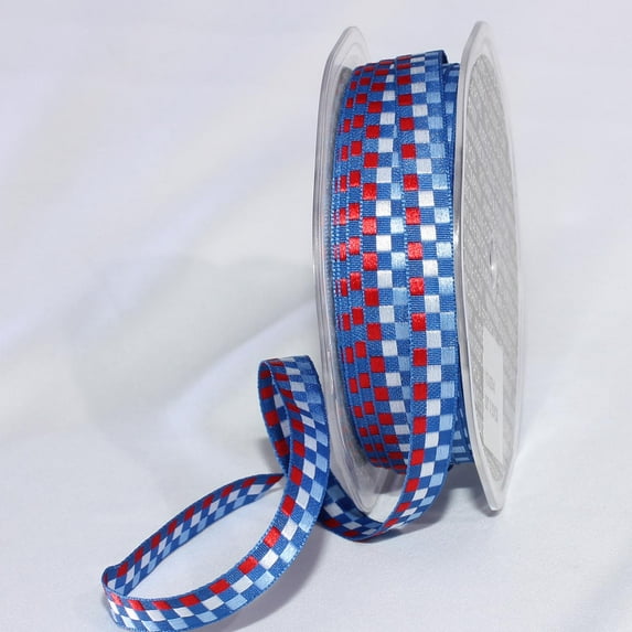 The Ribbon People Blue and Red Woven Edge Checkered Wired Craft Ribbon 0.375" x 132 Yards