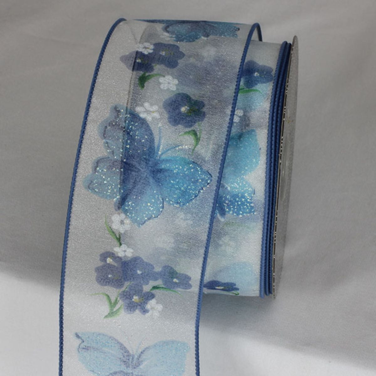 The Ribbon People Blue and White Butterfly Wired Craft Ribbon 2.5