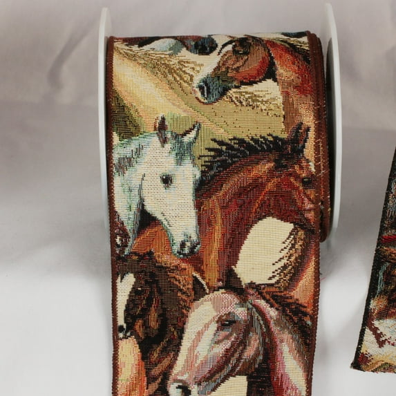 The Ribbon People Brown and Beige Horse Print Wired Craft Ribbon 5" x 9 Yards