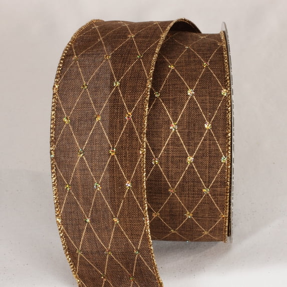 Diamond Pattern Ribbons The Ribbon People Brown and Gold Diamond Dot Wired Craft Ribbon 2.5