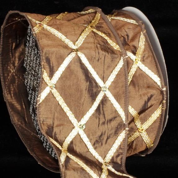 The Ribbon People Brown and Gold Diamond Print Wired Craft Ribbon 3" x 10 Yards