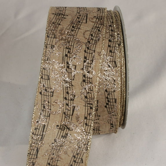 The Ribbon People Brown and Gold Glittered Musical Score Print Wired Craft Ribbon 2.5" x 20 Yards