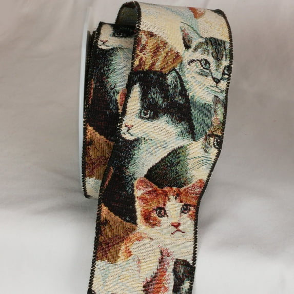 The Ribbon People Brown and Gray Cat Tapestry Wired Craft Ribbon 3" x 9 Yards
