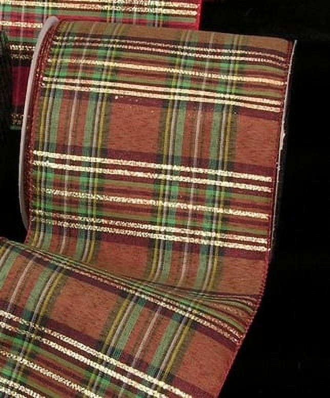 The Ribbon People Brown and Green Plaid Contemporary Wired Craft Ribbon 5" x 20 Yards