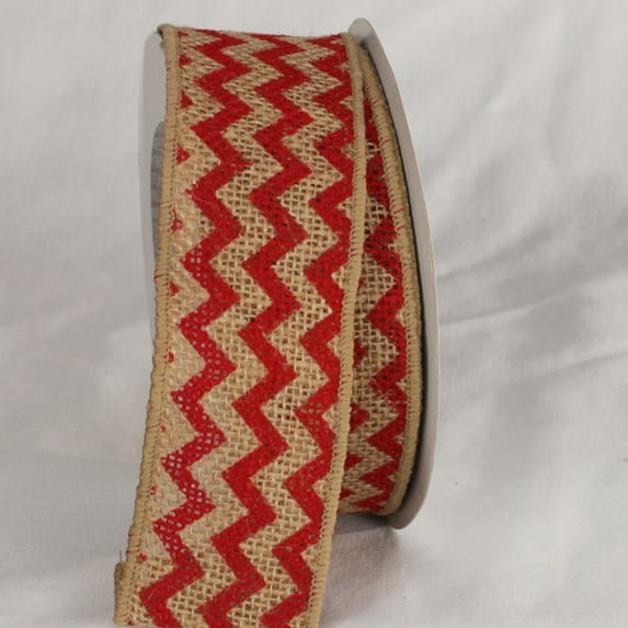 The Ribbon People Brown and Red Burlap Chevron Print Wired Craft Ribbon 2" x 40 Yards