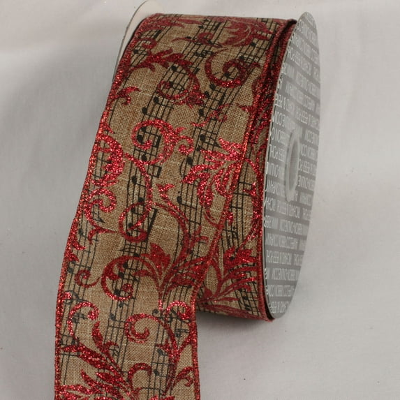 The Ribbon People Brown and Red Glittered Musical Score Print Wired Craft Ribbon 2.5" x 20 Yards