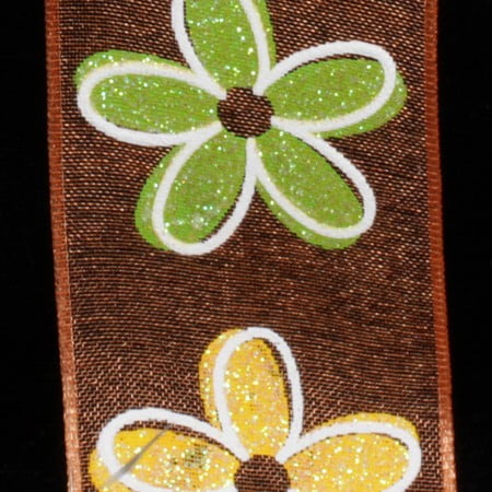 The Ribbon People Brown and Yellow Floral Glittered Wire Ribbon 1.5" x 27 Yards