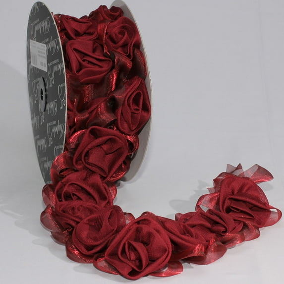 The Ribbon People Burgundy Red Roses Woven Sheer Craft Ribbon 2" x 5 Yards