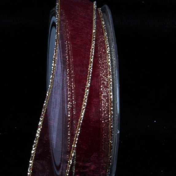 The Ribbon People Burgundy Red and Gold Organza Edge Wired Craft Ribbon 1" x 54 Yards