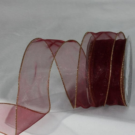 The Ribbon People Burgundy Red and Gold Organza Wired Craft Ribbon 2" x 27 Yards