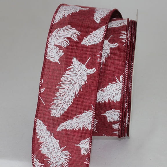 The Ribbon People Burgundy Red and White Feathers Ribbed Wired Craft Ribbon 2.5" x 20 Yards
