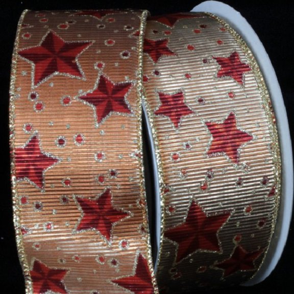 Copper Brown and Red Magic Star Print Wired Craft Ribbon 2.5" x 20 Yards