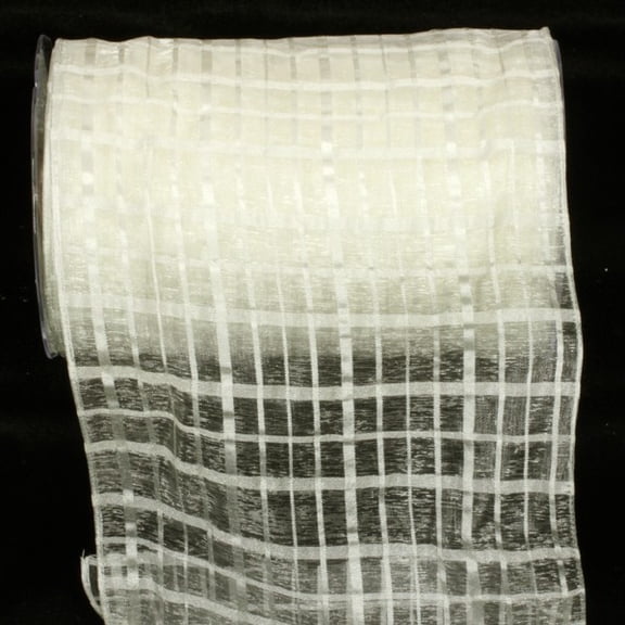 Cream White Solid and Sheer Check Wired Craft Ribbon 6" x 27 Yards