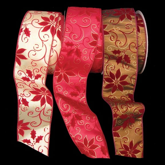 The Ribbon People Festive Amber Poinsettia Print Swirl Wired Craft Ribbon 2.5" x 20 Yards