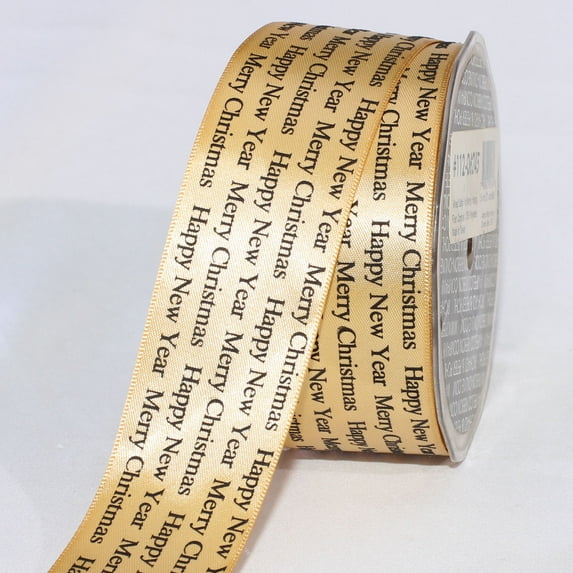 Gold Colored "Merry Christmas and Happy New Year" Print Wired Craft Ribbon 1.5" x 54 Yards