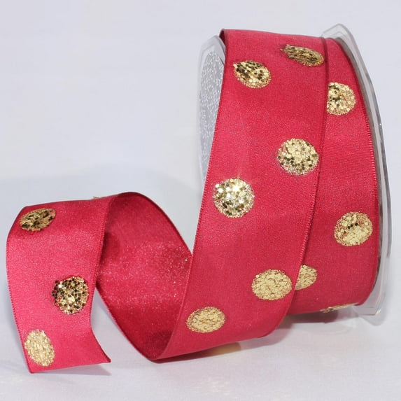 The Ribbon People Gold Colored Polka Dotted Burgundy Fine Taffeta Wired Craft Ribbon 1.5" x 27 Yards