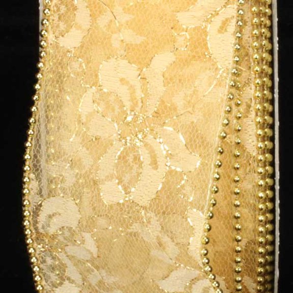 Designer Soft Gold Wired Pearl Edge Lace Craft Ribbon 2.5" x 20 Yards