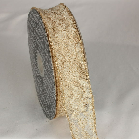The Ribbon People Gold Solid Floral Print Lace Craft Ribbon 1.5" x 40 Yards