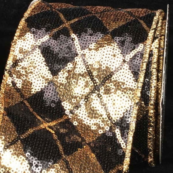 The Ribbon People Gold and Black Sequined Argyle Print Wired Craft Ribbon 4" x 10 Yards