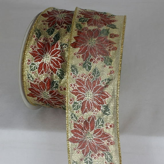 The Ribbon People Gold and Red Poinsettia Metallic Wired Craft Ribbon 2.5" x 20 Yards