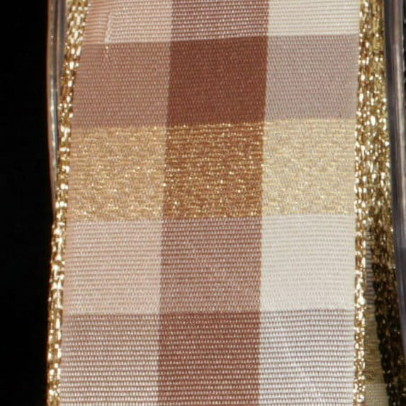 The Ribbon People Gold and Tan Brown Checkered Wire Craft Ribbon 1.5" x 27 Yards