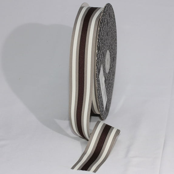 The Ribbon People Gray and Brown Striped Woven Grosgrain Craft Ribbon 1.25" x 55 Yards
