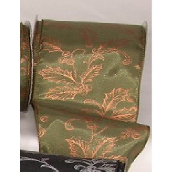 The Ribbon People Green Copper Poinsettia and Berry Print Craft Ribbon 0.15" x 20 Yards