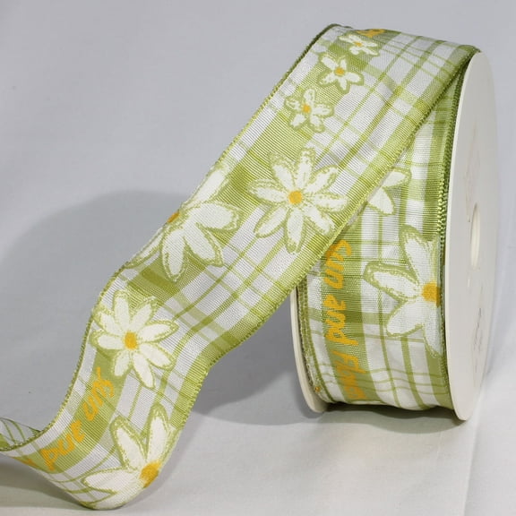 The Ribbon People Green and White Plaid Taffeta with Floral Print Wired Edge Craft Ribbon 1.5" x 22