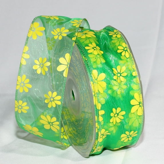 The Ribbon People Green and Yellow Retro Daisies Organza Wired Craft Ribbon 1.5" x 27 Yards