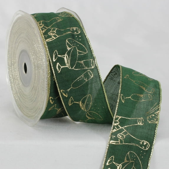 The Ribbon People Hunter Green and Gold Colored Champagne Party Woven Edge Ribbon 1.5" x 27 Yards