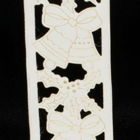 The Ribbon People Ivory Bells and Holly Cut Out Wired Craft Ribbon 1.5" x 27 Yards