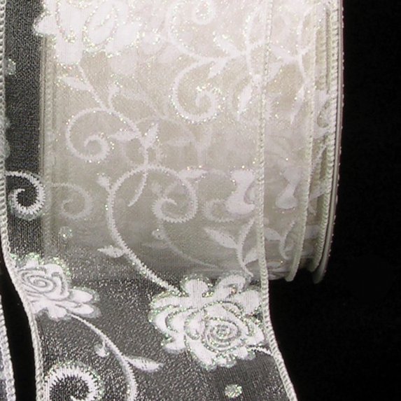 The Ribbon People Ivory Climbing Rose Print Wired Craft Ribbon 2.5" x 40 Yards