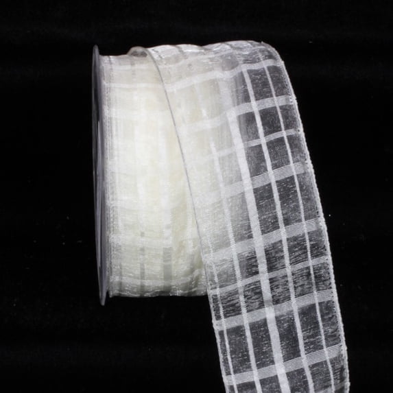 The Ribbon People Ivory White Solid and Sheer Check Wired Craft Ribbon 2" x 27 Yards