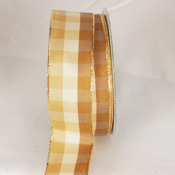 The Ribbon People Ivory and Gold Checkered Print Wired Craft Ribbon 1.5" x 27 Yards