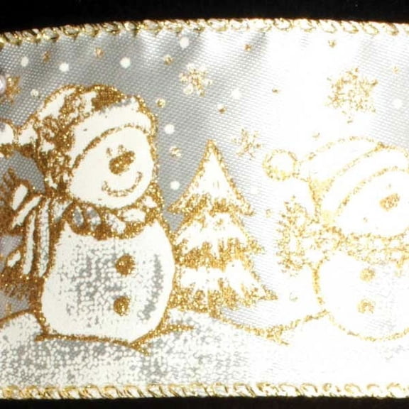 The Ribbon People Ivory and Gold Glittered Snow People Wired Christmas Craft Ribbon 2.5" x 40 Yards