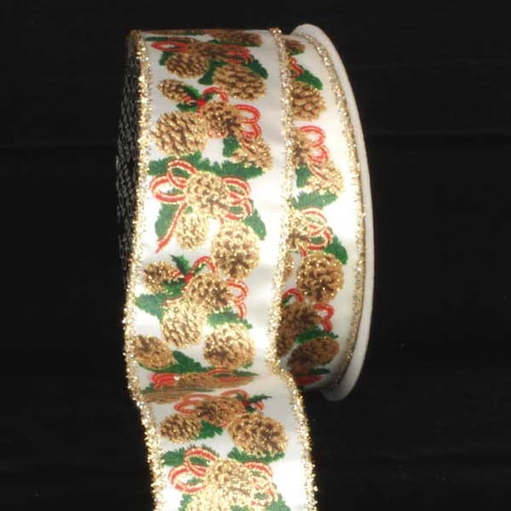 The Ribbon People Ivory and Gold Pinecones Wired Craft Ribbon 2.5" x 20 Yards