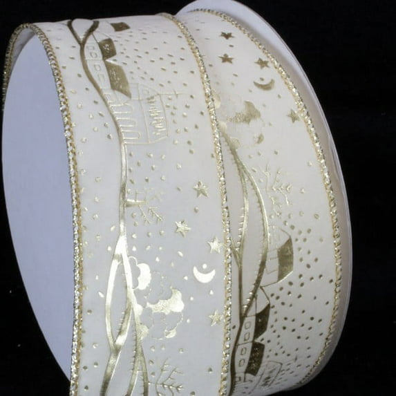 The Ribbon People Ivory and Gold Winter's Night Wire Edged Craft Ribbon 2" x 20 Yards