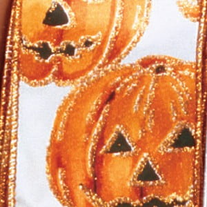 The Ribbon People Ivory and Orange Jack-O-Lantern Wired Craft Ribbon 2.5" x 20 Yards