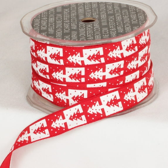The Ribbon People Ivory and Scarlet Red Christmas Trees Wired Ribbon 0.5" x 54 Yards