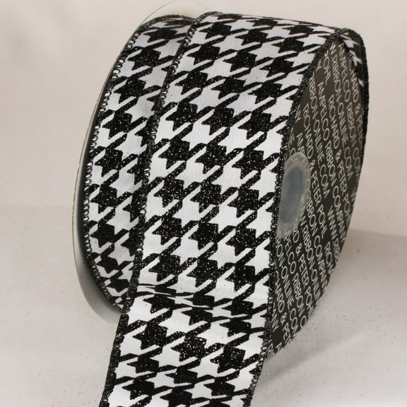 The Ribbon People Lily White and Black Sparkle Hounds tooth Wired Craft Ribbon 2" x 20 Yards
