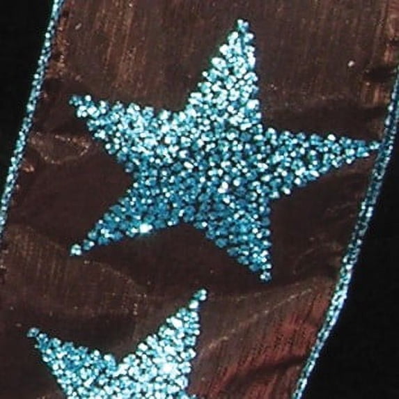 Metallic Sheer Brown and Blue Sparkling Stars Wired Craft Ribbon 2.5" x 40 Yards